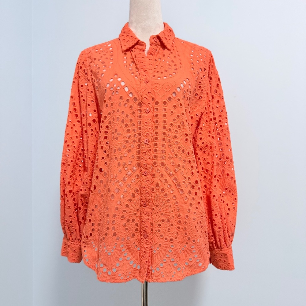 Chico's 2 Women’s Embroidered Eyelet Blouse Shirt Size 12/14‎ Orange
